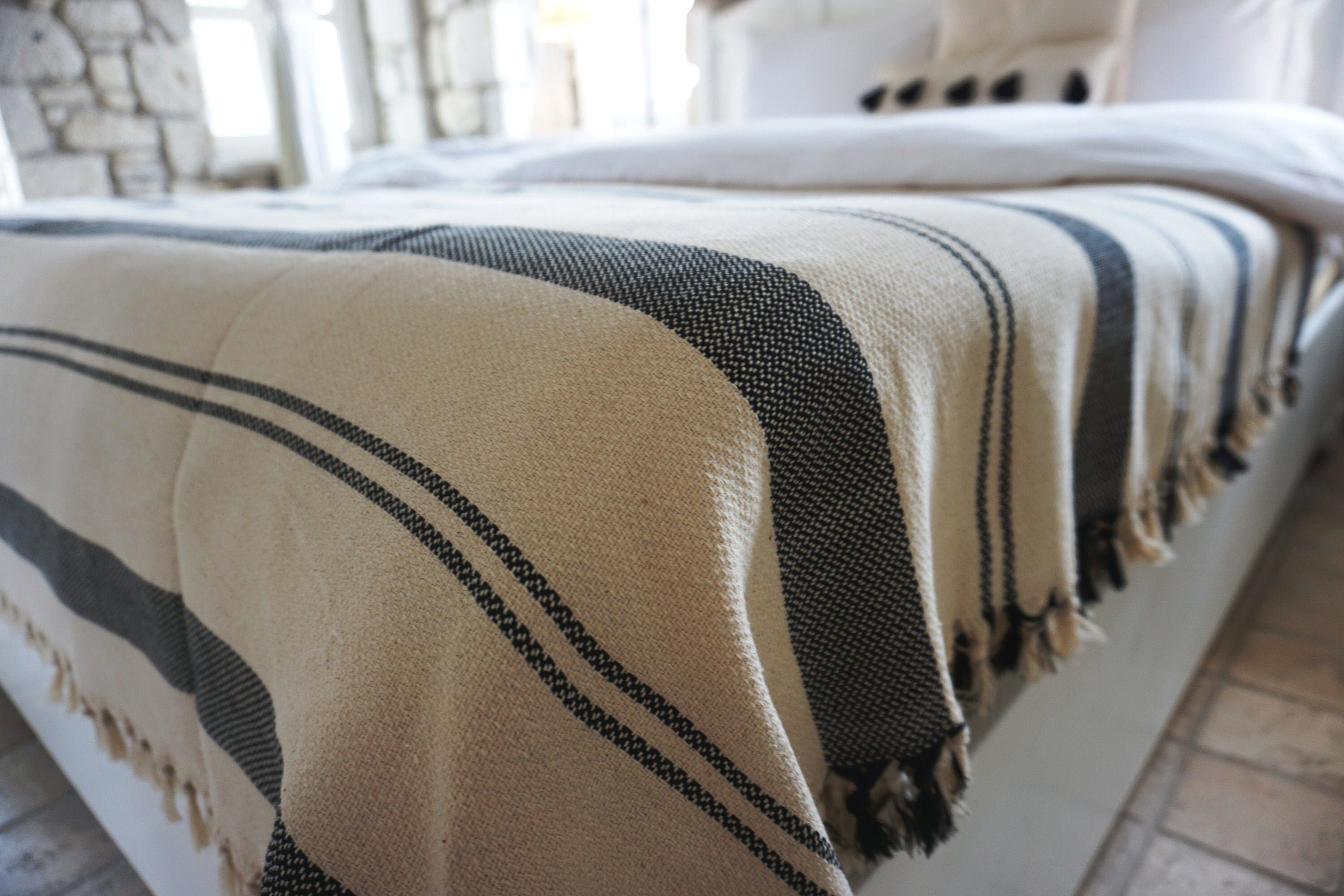 Handwoven Cotton Gray&Beige Striped Bed Throw /Bed Cover Etsy