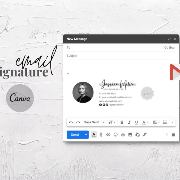 Professional Black White Email Signature Template With Logo and Picture for Gmail, Canva Template Email,Realtor,Photographer, Fully Editable