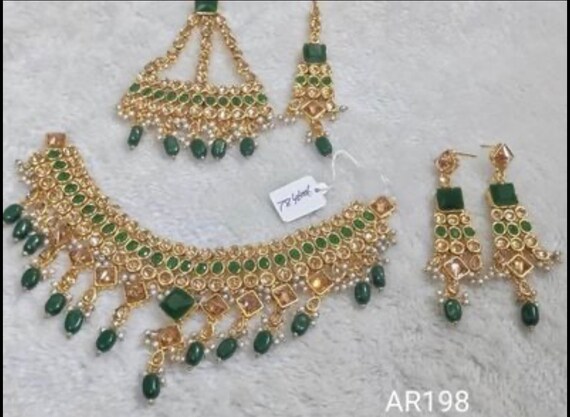 Asian Bridal Jewellery Set , Pakistani emerald green and gold necklace, earrings , tikka and jhoomar absolutely stunning ! UK based.