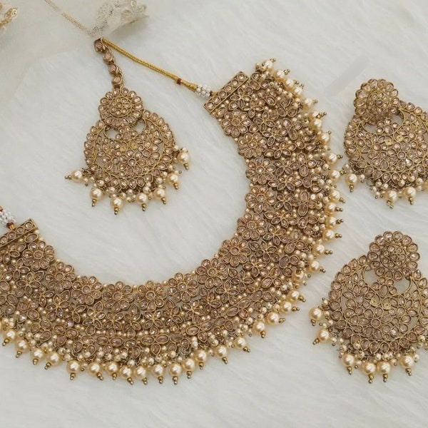 Asian Bridal Jewellery Set , indian pakistani champage gold and pearl kundan necklace choker earrings and tikka polki. UK based.