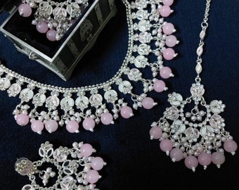 Asian Bridal Jewellery Set , indian pakistani silver and pink pearl necklace earrings and tikka polki. UK based.