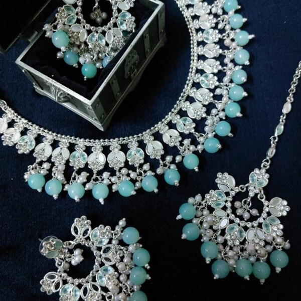 Asian Bridal Jewellery Set , indian pakistani silver and aqua blue pearl necklace earrings and tikka polki. UK based.