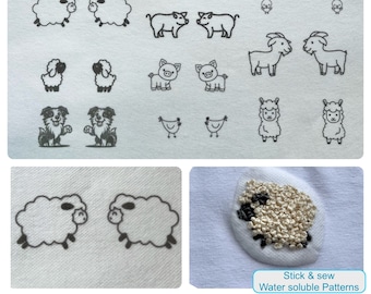 A4 size Animal Stick & Stitch Patterns, full pages of patterns. embroidery pattern,  water soluble  stabiliser, pig, dog, cat, sheep