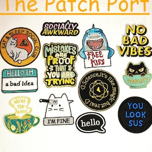 Fun Iron On Embroidered Patches. Sew on, Craft Fun Patch Badge Jeans Bags Clothes Repair, no bad vibes, Hangry, Science, Bad Idea