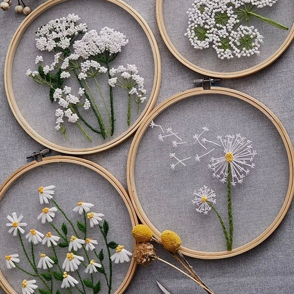 Flower Embroidery Kit for Beginners Modern Mesh Fabric, Daisy, Dandelion, Seed Head, Floral Kit with Hoop,DIY Starter Craft Kit for Adults