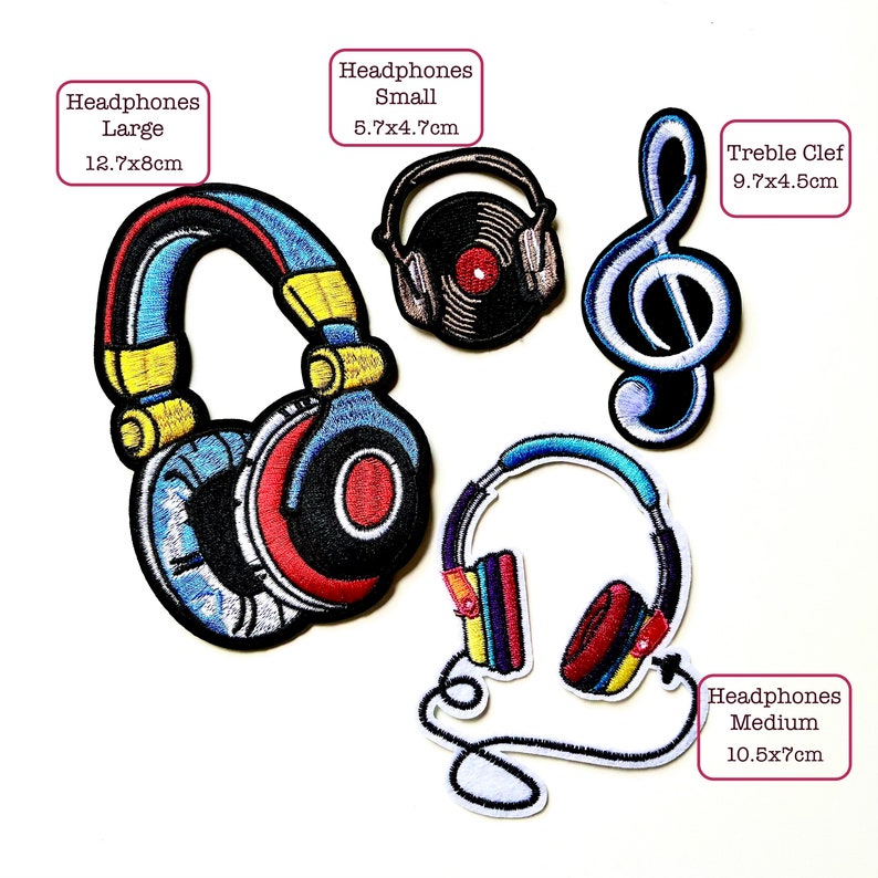 May include: Four embroidered iron-on patches featuring headphones in different sizes, a treble clef, and the text "Headphones Large 12.7x8cm", "Headphones Small 5.7x4.7cm", "Treble Clef 9.7x4.5cm", and "Headphones Medium 10.5x7cm".