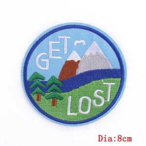 Popular Patches traveller, camper, wild, Embroidered Sew on / Iron on Biker Nature Space Patch Badge Applique Jeans Bags Clothes Transfer K- Get Lost Mountain