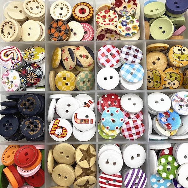 Wooden Buttons, 15mm, Pack of 10 Random Mix, colourful, animal, floral, stripe,  vintage buttons