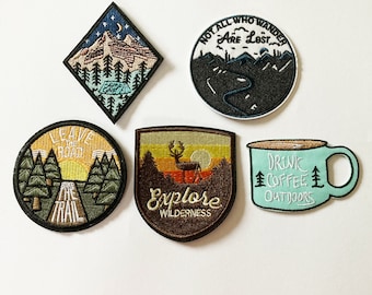 Travel Patches Embroidered Sew  / Iron on Biker Nature Camping Wander Explore Forest Trail Patch Badge Applique Jeans Bags Clothes Transfer