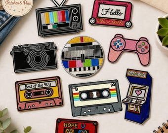 Toppe retrò - Vintage, anni '80, Mixtape, TV, macchina fotografica, ricamate, da cucire/stirare, per jeans, borse, vestiti, trasferimento, stemma