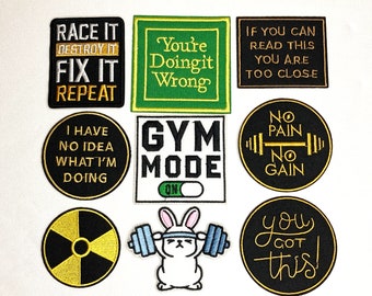 Gym Fitness Patches. Embroidered Iron on / Sew on. Racing, Gym Bunny, Weights