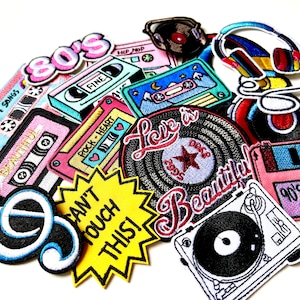 Retro Patches - Vintage, 80&#39;s, Mix Tape, Video, Cassette, Headphones, Old school, Embroidered Sew on / Iron on, Jeans Bags Clothes, badge
