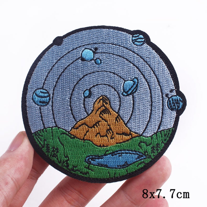 Round Popular Patches 23 DESIGNS To Choose From. Embroidered Sew on / Iron on Biker Nature Space Patch Badge Applique Jeans Bags Clothes W- Mountain Planets