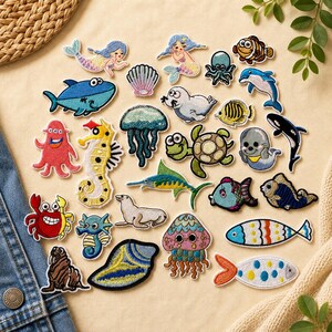 Patches costurados de criaturas marinhas, polvo, peixe, apliques de sereia (individual)