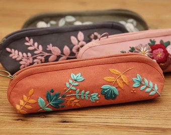 Floral Embroidery Kit, Pencil Case, Make up bag, Sewing, Complete Kit, Craft Set, Gift