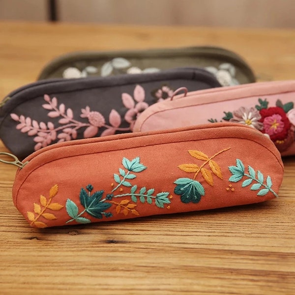 Floral Embroidery Kit, Pencil Case, Make up bag, Sewing, Complete Kit, Craft Set, Gift