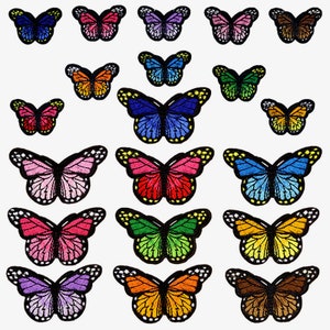 May include: Assortment of 20 colourful embroidered iron-on butterfly patches. The patches feature various butterfly designs in shades of pink, blue, green, orange, purple, and brown.