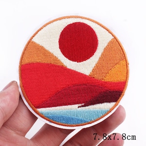 Round Popular Patches 23 DESIGNS To Choose From. Embroidered Sew on / Iron on Biker Nature Space Patch Badge Applique Jeans Bags Clothes C- Red Sun