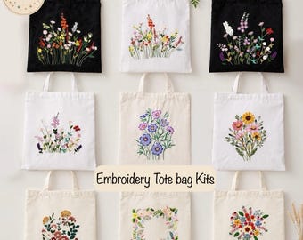 Borse tote ricamate fai da te, kit completi, floreali, fiori di campo, per principianti