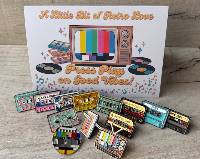Retro Greeting Card with 80s Enamel Pin Gift Set • Nostalgic 90s Mixtape Cassette and TV Greeting Card • Music and Tv Lover Gift Bundle