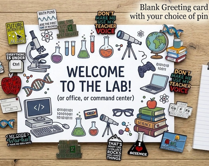 Nerd Science Greeting Card and enamel Pin,  Geeky Gift Card, Blank Science A6 Card , Programmer Tech Gift, Co-worker gift, Teacher Gift
