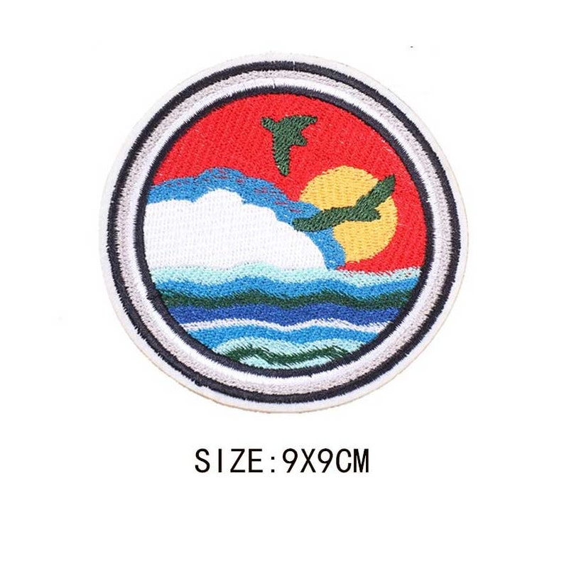 Popular Patches traveller, camper, wild, Embroidered Sew on / Iron on Biker Nature Space Patch Badge Applique Jeans Bags Clothes Transfer I- Sun Sea Birds