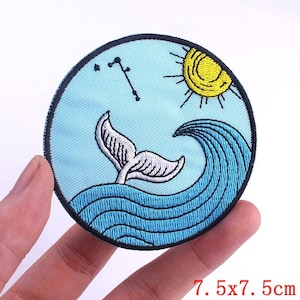 Round Popular Patches 23 DESIGNS To Choose From. Embroidered Sew on / Iron on Biker Nature Space Patch Badge Applique Jeans Bags Clothes J- Whale Wave