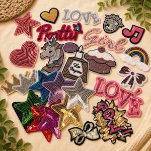 Pailletten, opstrijkpatch, meisjes, glitter, hartjes, liefde, eenhoorn, patch Badge Applicatie Jeans Tassen Kledingtransfer