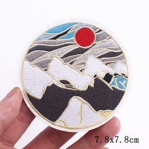 Round Popular Patches 23 DESIGNS To Choose From. Embroidered Sew on / Iron on Biker Nature Space Patch Badge Applique Jeans Bags Clothes G- Red Sun Mountains