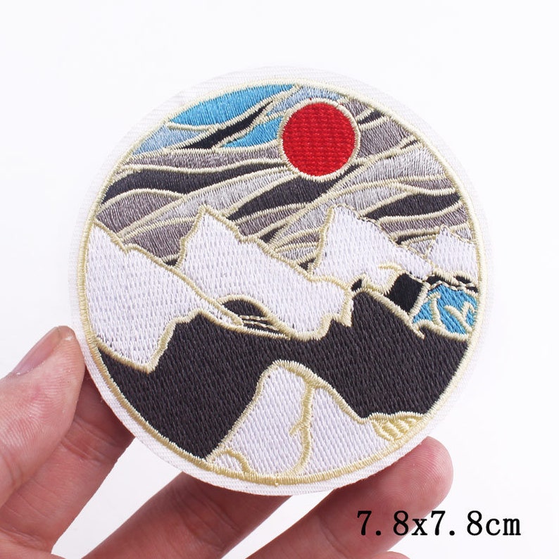 Round Popular Patches 23 DESIGNS To Choose From. Embroidered Sew on / Iron on Biker Nature Space Patch Badge Applique Jeans Bags Clothes G- Red Sun Mountains