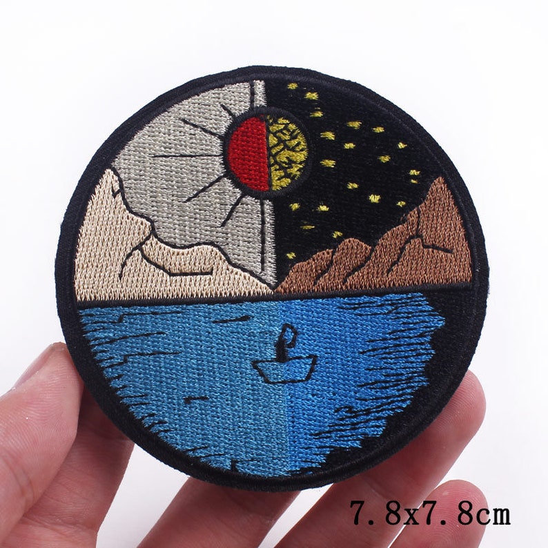 Round Popular Patches 23 DESIGNS To Choose From. Embroidered Sew on / Iron on Biker Nature Space Patch Badge Applique Jeans Bags Clothes K- Day/Night