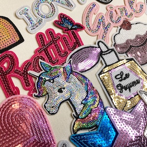 Sequin Patches, Iron on patch,  Girls, Sparkle, Hearts, Love, Unicorn, Patch Badge Appliqué Jeans Bags Clothes Transfer