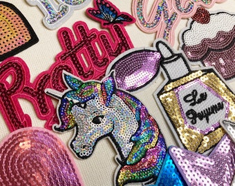 Sequin Patches, Iron on patch,  Girls, Sparkle, Hearts, Love, Unicorn, Patch Badge Appliqué Jeans Bags Clothes Transfer