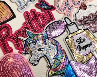 Parches de lentejuelas, parche para planchar, niñas, brillo, corazones, amor, unicornio, parche, insignia, aplique, jeans, bolsos, ropa, transferencia