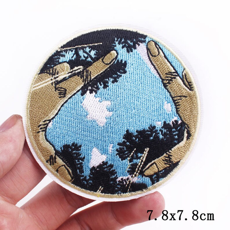 Round Popular Patches 23 DESIGNS To Choose From. Embroidered Sew on / Iron on Biker Nature Space Patch Badge Applique Jeans Bags Clothes P- Hand Photo