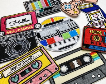 Parches retro: vintage, años 80, cinta mixta, televisión, cámara, bordado para coser/planchar en bolsos vaqueros, transferencia de ropa, insignia
