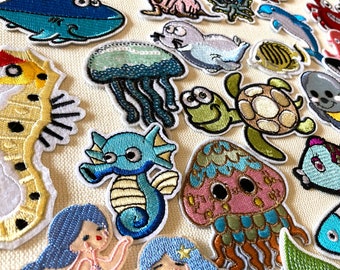 Toppe termoadesive, vita marina, creature marine, selvaggio, polpo, pesce, toppa da cucire con motivo natura oceanica, applicazione su jeans, borse, vestiti, trasferimento