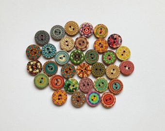 Bohemian Wooden Buttons, 15mm, 20mm or 25mm, Pack of 10 Random Mix, colourful, retro, vintage buttons