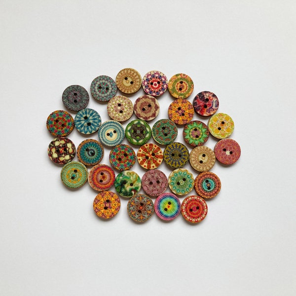 Bohemian Wooden Buttons, 15mm, 20mm or 25mm, Pack of 10 Random Mix, colourful, retro, vintage buttons