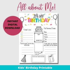 All About Me, Kids Birthday Interview, Yearly Questions Keepsake, Yearly Memory Diary, Doodles Modern, About Me Journal, Printable