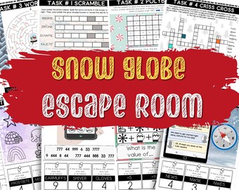 May include: A printable escape room game themed around a snow globe. The game includes a variety of puzzles and challenges, such as word scrambles, polybius squares, and criss-cross puzzles. The game is designed for children and adults and is a fun way to spend time with friends and family.