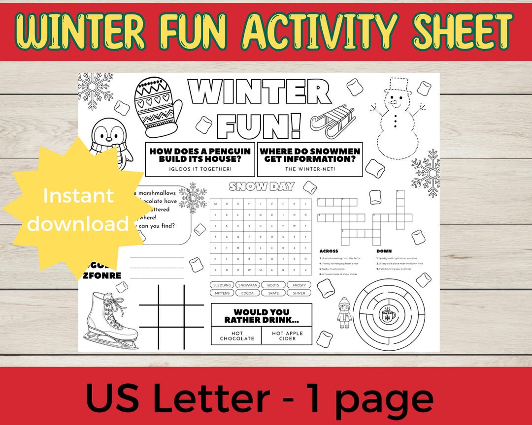 Winter Fun Activity Sheet for Kids | Printable Winter Games & Coloring ...