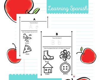 Spanish Tracing Worksheet Set-Trace, Identify, Color.  Spanish, educational, homeschool, virtual, pre-k, kindergarden