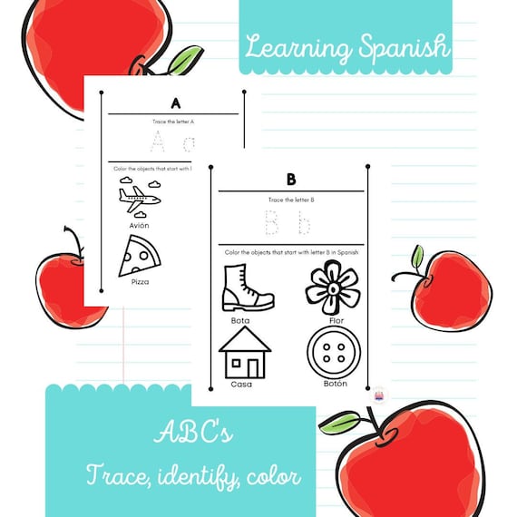 Spanish Tracing Worksheet Set-Trace, Identify, Color.  Spanish, educational, homeschool, virtual, pre-k, kindergarden