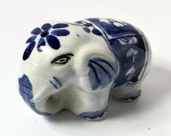 White and blue elephant ceramic porcelain figurine |Collectible hand painted cute animal figurine, small statue