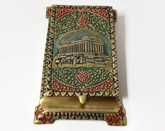 Unique travel notepad gifts for writers with ancient Greek decor | 1970s Vintage brass stationary metal holder as a gift for dad