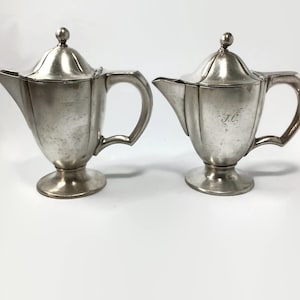 Pair of Antique Art Deco Cream Pitchers | Set of 2 Vintage Hotel Silver Milk Jugs for Coffee or Tea