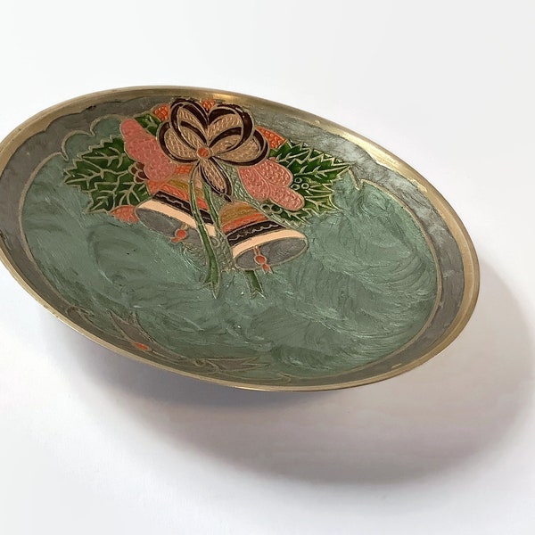 Vintage small serving centerpiece plate from brass with cloisonne Christmas decor | Vintage display decorative tray