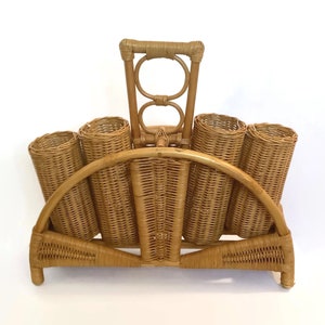 Vintage wicker wine rack for 4 bottles | Rattan bottle holder with handle - basket storage