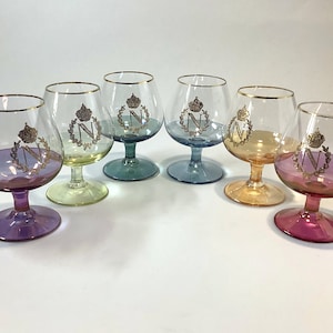 Vintage colored etched brandy and bourbon glass set | Unique whisky glass set